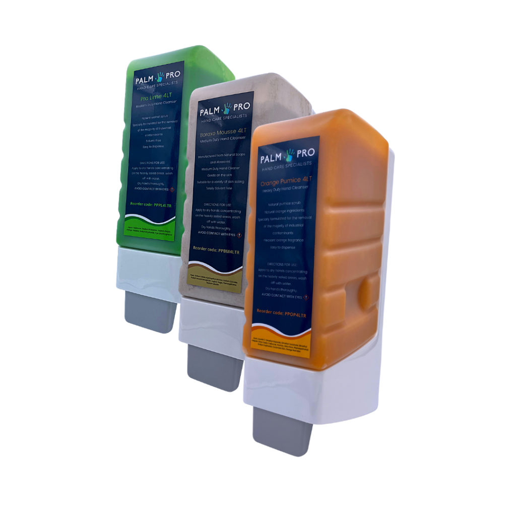 3 Handcleaners in their dispensers including orange, lime and boraxo mousse